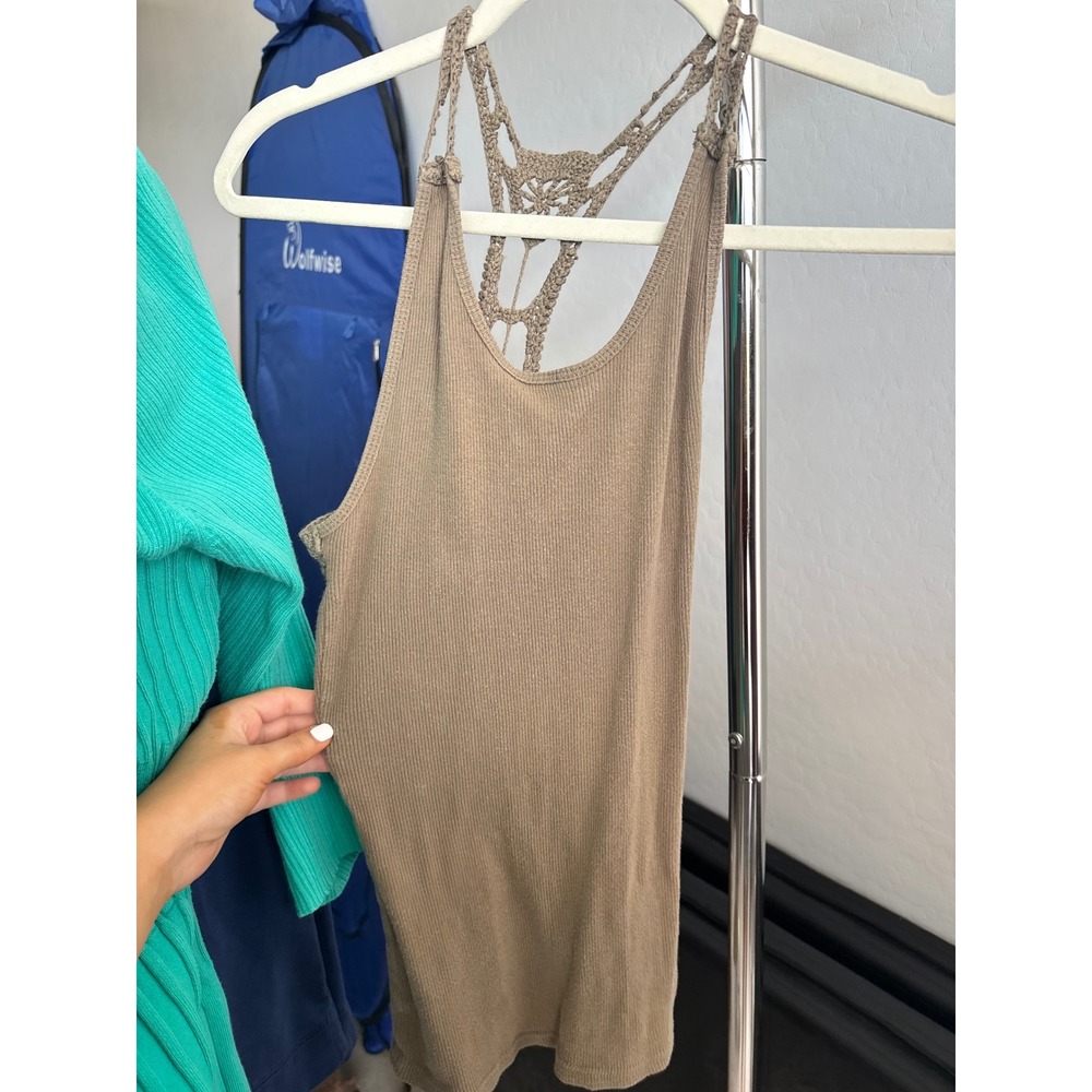 Crochet Racerback Tank Top Boho Ribbed Knit Festival Sleeveless Cami khaki Small